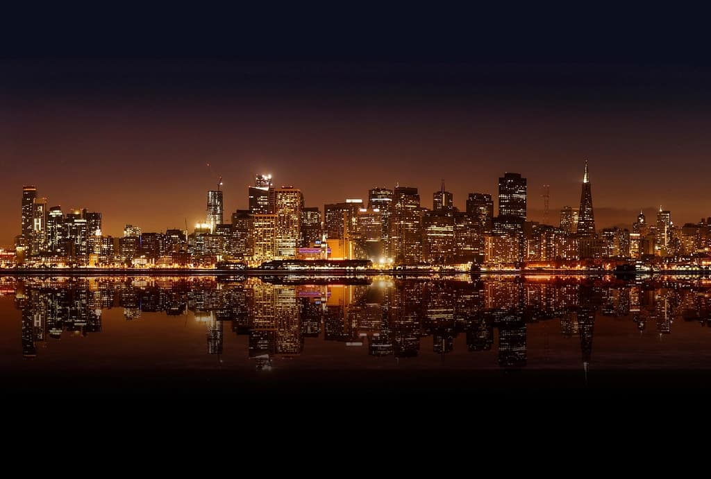 A city skyline at night